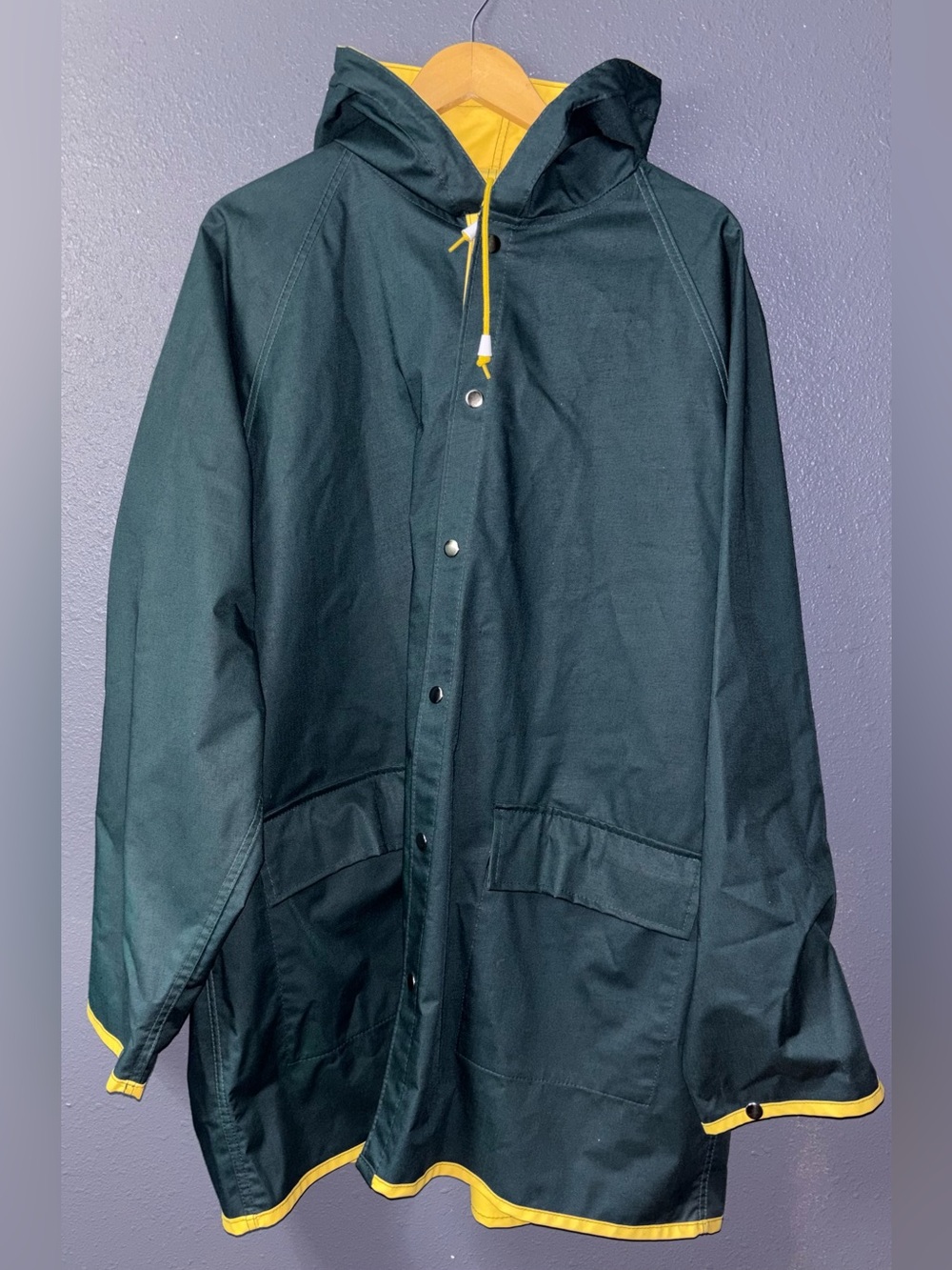 Men's Green and Yellow Reversible Hooded Rain Jacket
